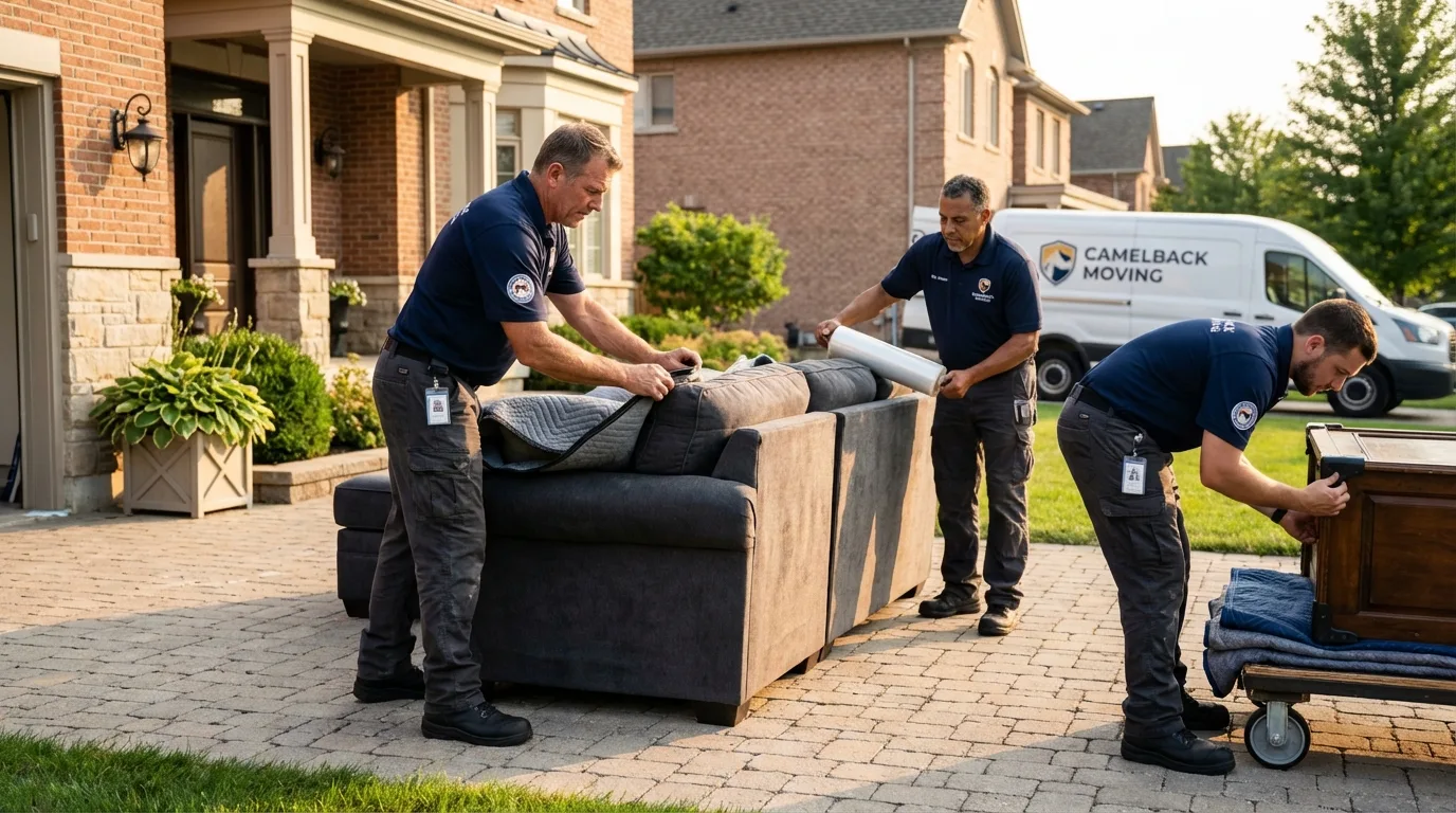 Large estate moving crew wrapping furniture in Leon, IA