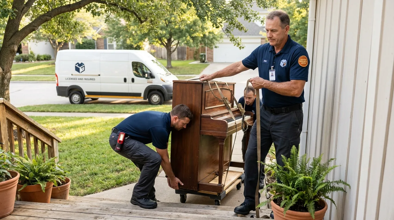 Licensed piano movers securing grand piano in Leon, IA