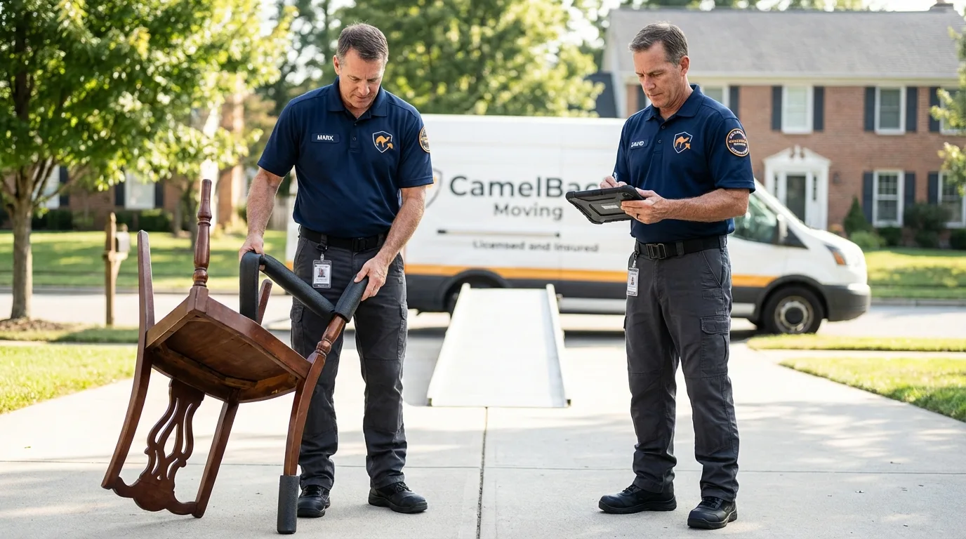 Movers inspecting furniture for damage prevention before loading in Leon, IA