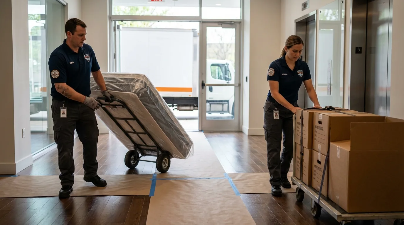 Professional apartment movers loading elevator in Leon, IA