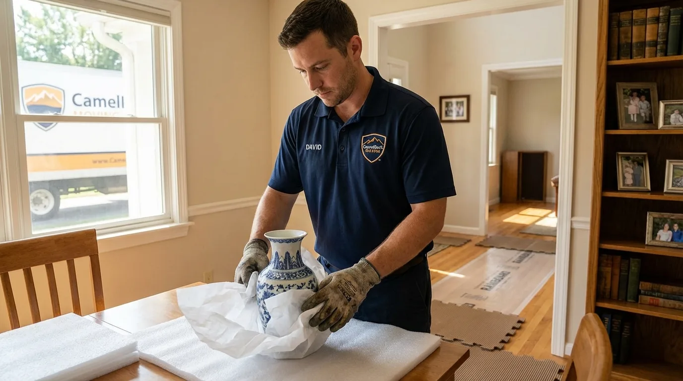 Professional crew carefully wrapping antique vase for senior downsizing move in Leon, IA